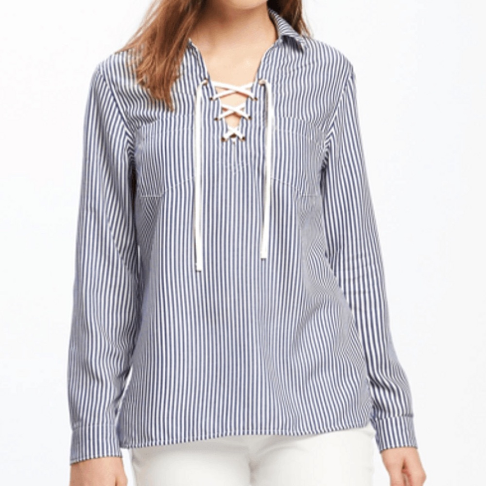 Old Navy | Blue and White Striped Shirt Tunic with Tie Detail | Size M